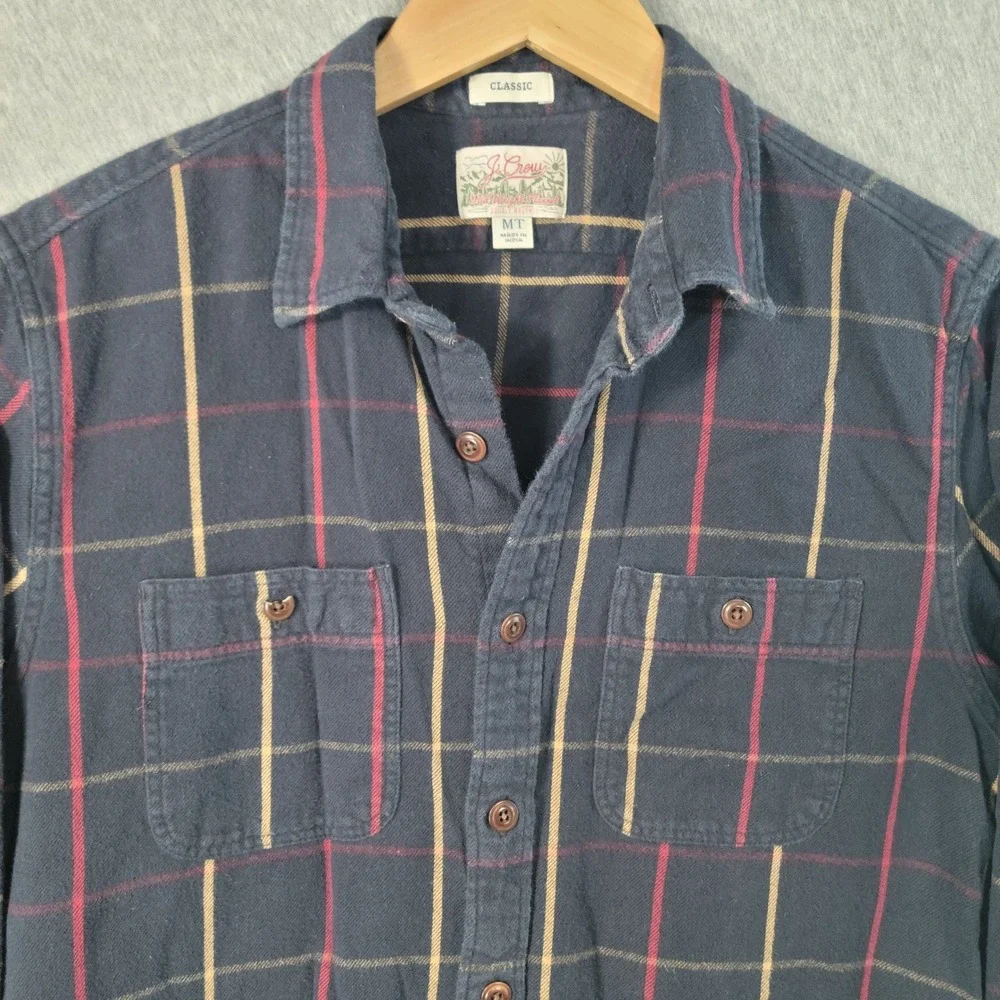J Crew Flannel Shirt Men Medium Tall Blue Plaid Workwear Cabincore Tattersall